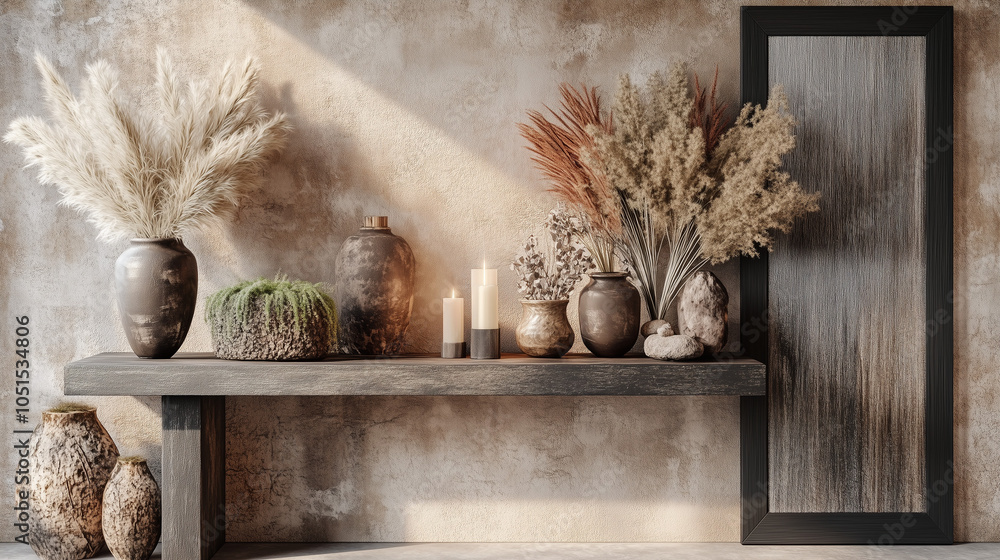 Obraz premium Bohemian Chic Home Decor: Sunlit Still Life with Pampas Grass 