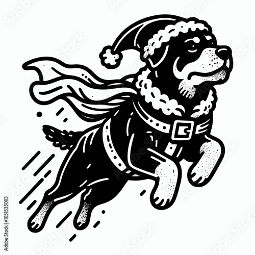 Playful Rottweiler in Santa Claus Costume Soaring with a Cape for the Holidays