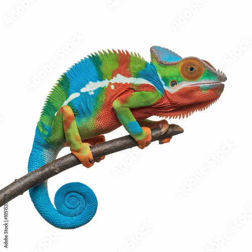 Vibrant Chameleon Perched on Branch, Isolated photo