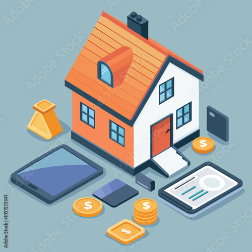 Flat Lay illustration of House loan or money investment to real estate. Mortgage concept, Mortgages, Moving, New Location