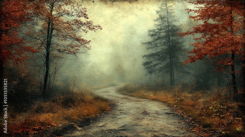 Obraz premium Foggy autumn landscape with winding path and colorful trees.