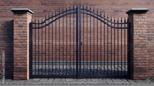 Elegant Iron Gate with Brick Pillars in Urban Setting