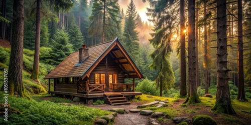 Fototapeta Naklejka Na Ścianę i Meble -  Cozy cabin nestled in a lush forest , house, cabin, home, forest, trees, nature, tranquil, secluded, peaceful, remote