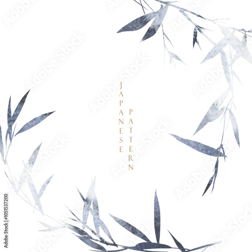 Japanese template with bamboo leaves with Chinese cloud and hand drawn wave vector. Abstract background illustration. Watercolor texture banner in vintage style.