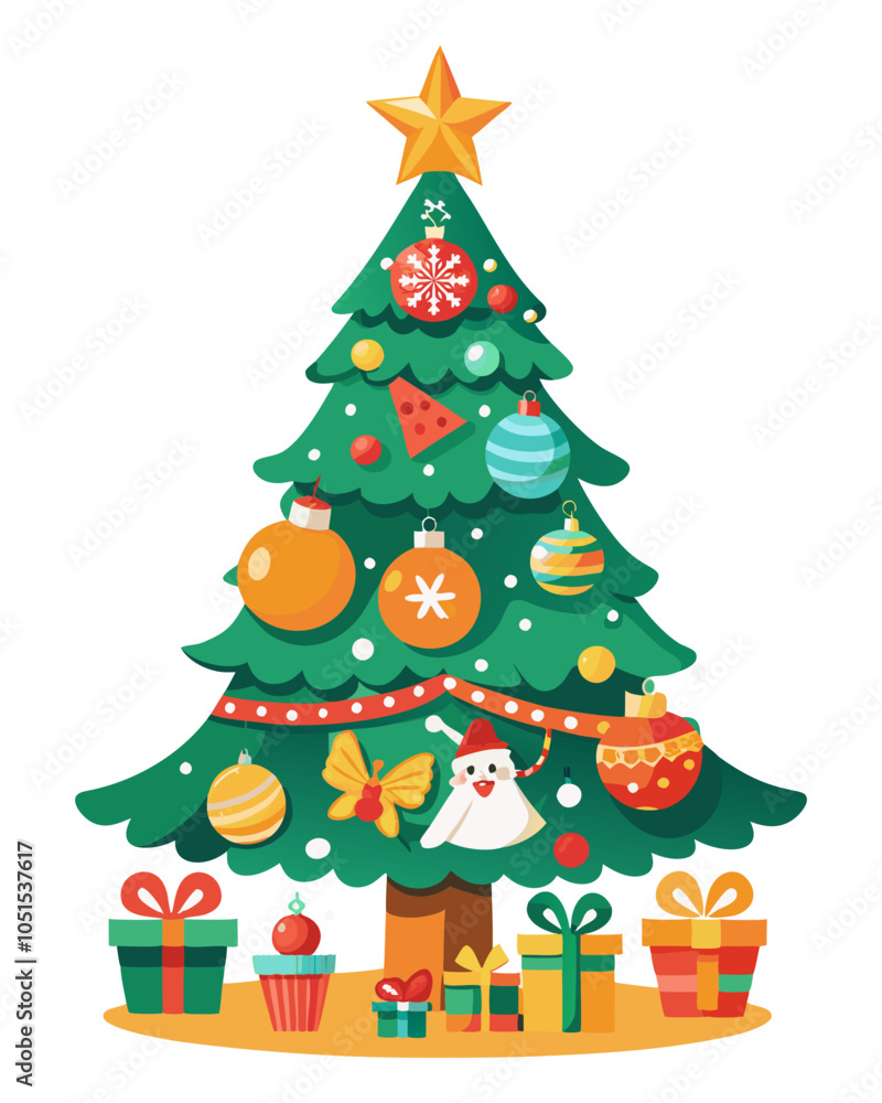 Naklejka premium Christmas tree with colorful decorations, christmas greetings mockup