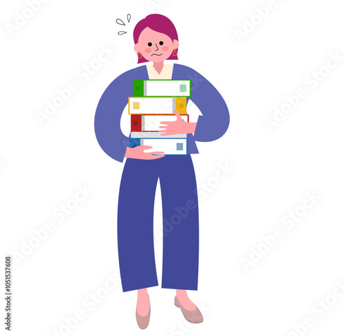 パンツスーツを着てパンプスを履いた女性が大量の書類ファイルを運んでオロオロしているイラスト