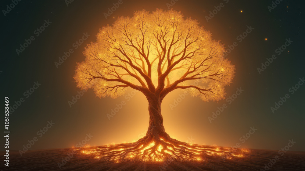A surreal, glowing tree in a barren landscape. A surreal, glowing tree in a barren landscape.
