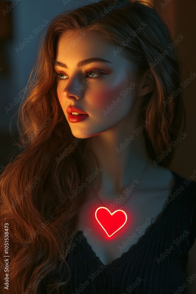 A portrait of a beautiful woman with a red glowing heart on her chest A portrait of a beautiful woman with a red glowing heart on her chest