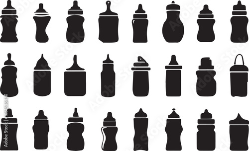 Diverse Baby Bottle Silhouettes Vector Set