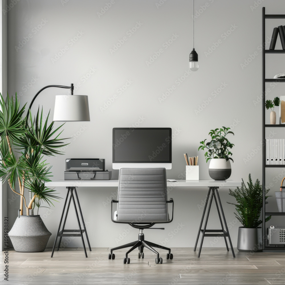 Workplace with lamp, houseplant and laptop in light office Workplace with lamp, houseplant and laptop in light office