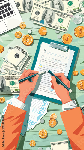 Horizontal banner with hands filling out form of health insurance surrounded by dollar bills and coins, Health Care Costs, Health care