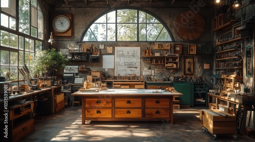 A Well-Equipped Workshop with Wooden Workbenches and Tools