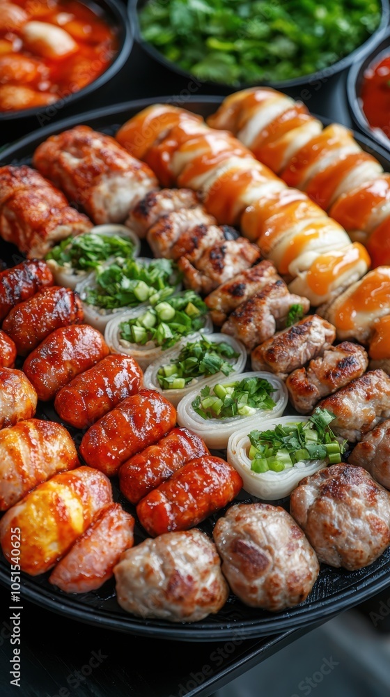 Delicious platter of assorted grilled meats and garnishes, vibrant colors and textures. Delicious platter of assorted grilled meats and garnishes, vibrant colors and textures.
