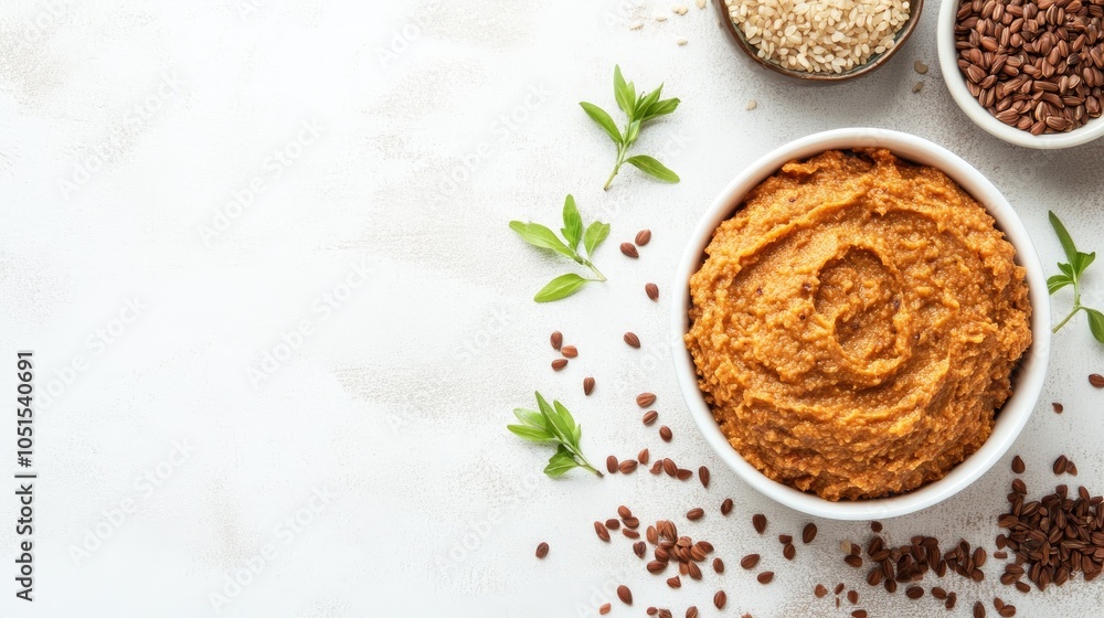Creamy Nut Spread with Seeds and Herbs on Table Creamy Nut Spread with Seeds and Herbs on Table