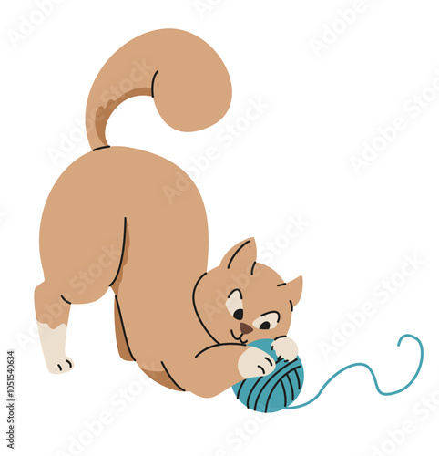 Cute cat playing with a ball of yarn flat vector illustration isolated on white.