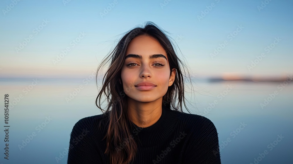Young woman with natural beauty against serene water background. Young woman with natural beauty against serene water background.