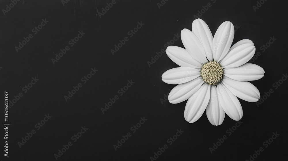 Obraz premium A single white daisy rests on a dark background, highlighting its delicate petals and intricate details.