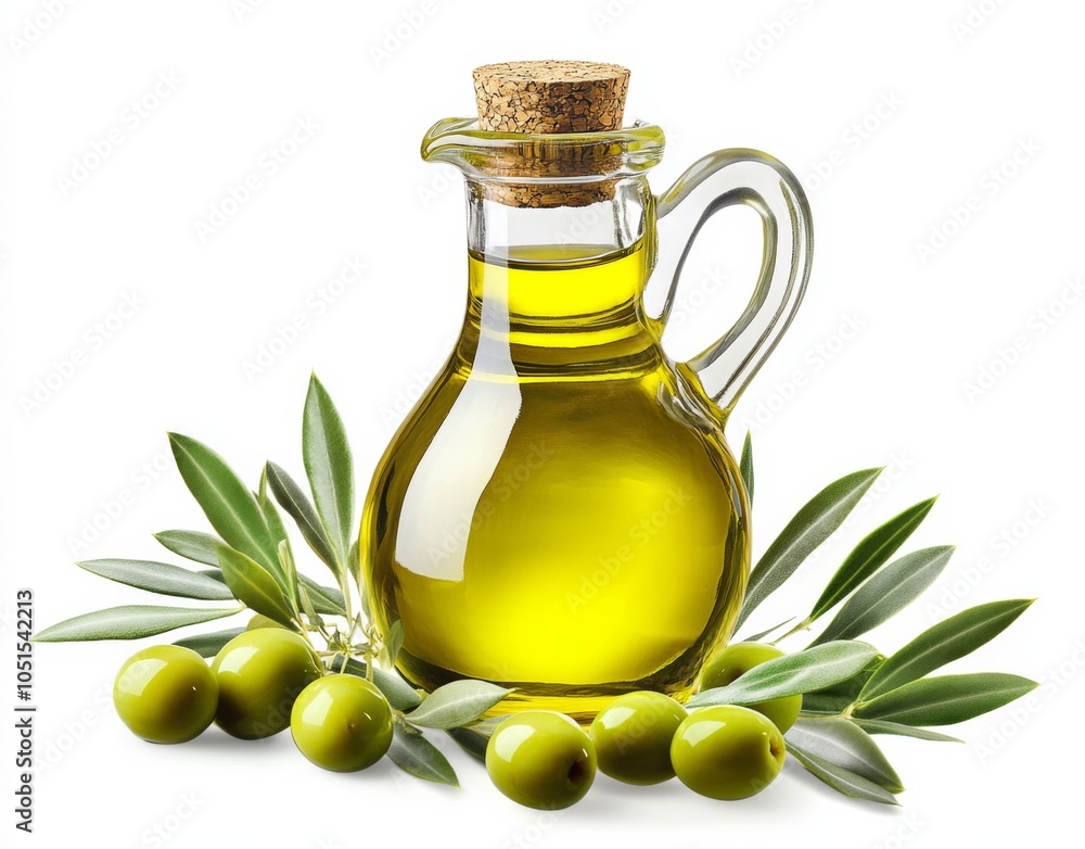 Tasty olive oil in a glass bottle and green olives with leaves isolated on a white background. Tasty olive oil in a glass bottle and green olives with leaves isolated on a white background.