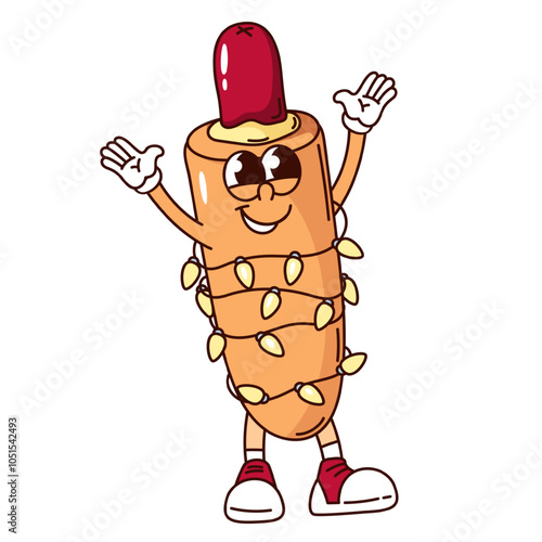 Groovy hotdog with cartoon character with Christmas garland. Funny retro hot dog with sausage inside. Christmas fast food mascot, cartoon happy hotdog sticker of 70s 80s style vector illustration