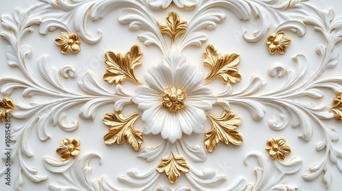 A detailed white and gold floral relief design, featuring ornate leaves and petals, showcasing elegance and craftsmanship.