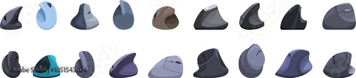Vertical computer mouse icons set. Ergonomic vertical mice collection providing comfortable wrist and hand posture, reducing strain and preventing repetitive strain injury - rsi -