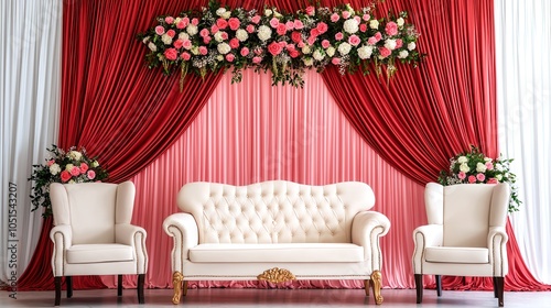 A beautifully decorated photo backdrop with a cream sofa and elegant floral arrangements against a striking red and white curtain.