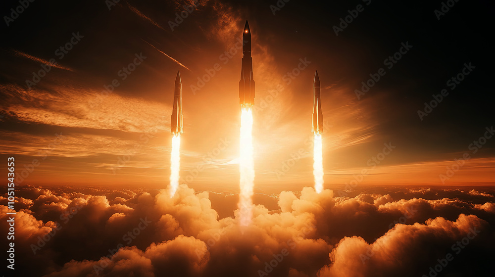 Fototapeta premium Multiple rockets launch from the Earth planet