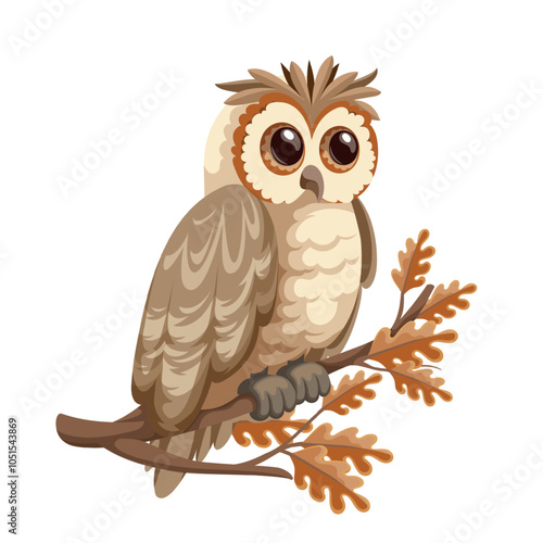 Cute cartoon owl sitting on autumn oak branch. Funny baby bird of woods, owlet with big eyes and wings. Ornithology, woodland animal mascot, cartoon eagle owl perching on twig vector illustration