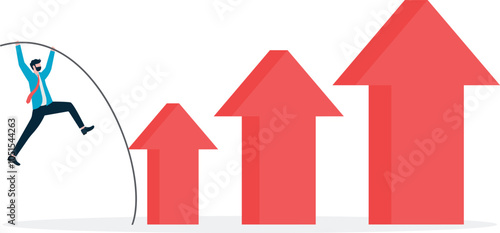 Businessman pole vault jumping rising red arrow, business concept illustration


