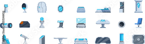 Spaceship interior icons set. Spaceship futuristic interior objects represent modern technology for space travel and exploration