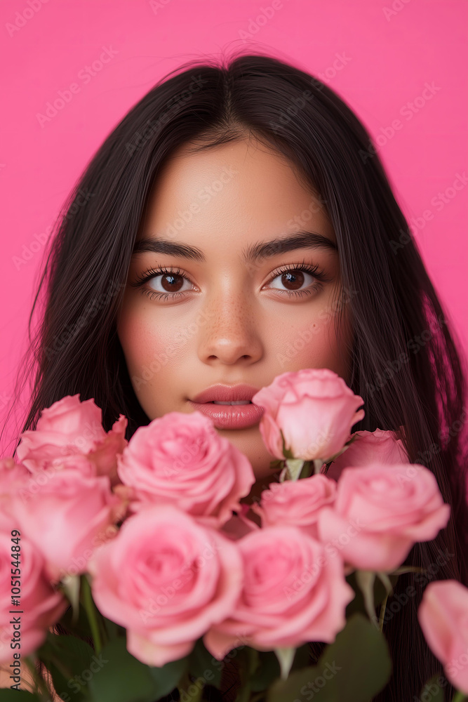 beautiful woman with long dark hair, brown eyes, and a bouquet of pink roses in front of her face, set against a solid pink background beautiful woman with long dark hair, brown eyes, and a bouquet of pink roses in front of her face, set against a solid pink background
