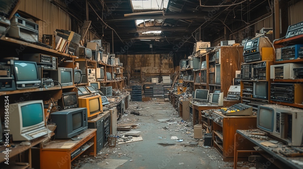 Obraz premium Abandoned Industrial Space with electronic waste, computer, storage, etc