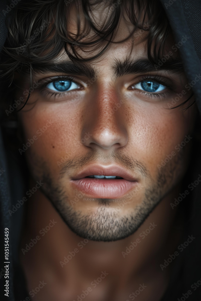 Obraz premium stunningly handsome young man with wavy dark hair and piercing blue eyes, wearing a hood , slightly tanned skin. He has strong facial features, a masculine jawline, high cheekbones, thick eyebrows