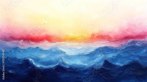 Abstract Oil Painting of a Sunset Over a Sea of Blue Waves