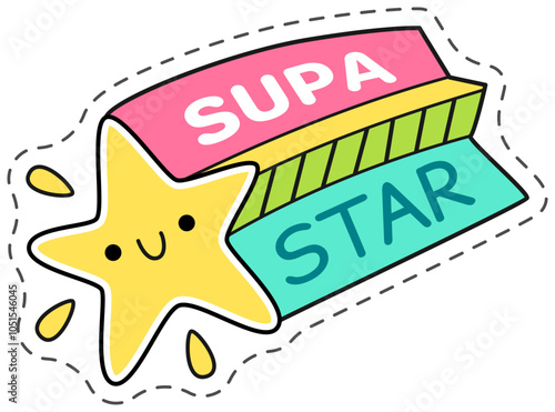 Colorful vector illustration of a cute cartoon star with a smiling face and the words supa star. photo