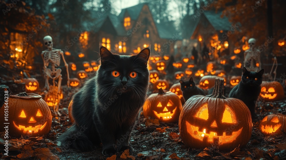 A spooky Halloween scene with a black cat among glowing pumpkins. A spooky Halloween scene with a black cat among glowing pumpkins.