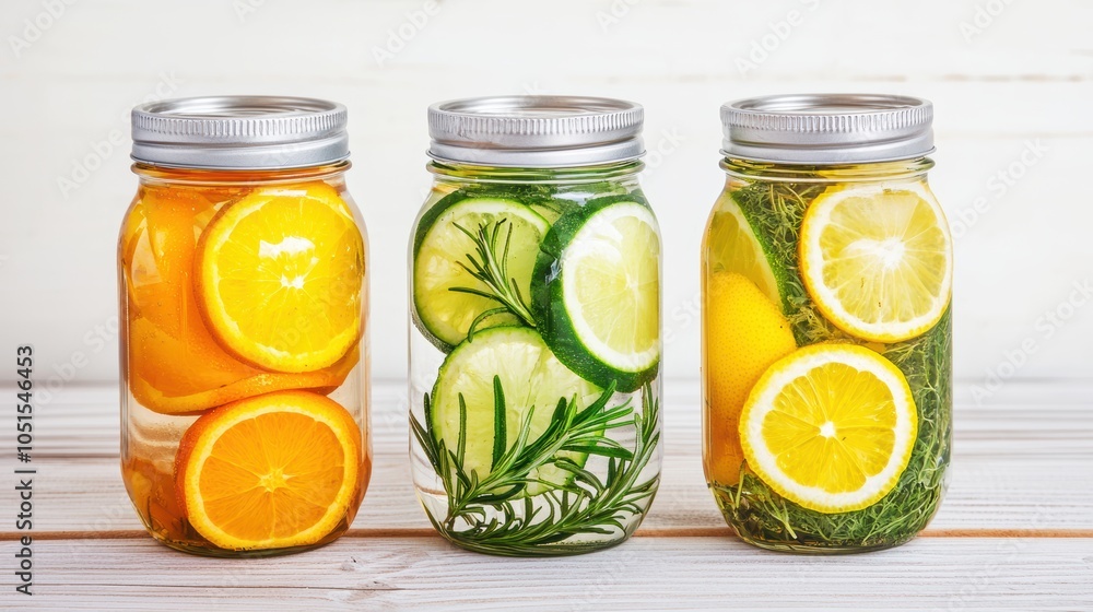 Three mason jars filled with refreshing citrus slices and herbs, showcasing vibrant colors and natural beauty. Three mason jars filled with refreshing citrus slices and herbs, showcasing vibrant colors and natural beauty.