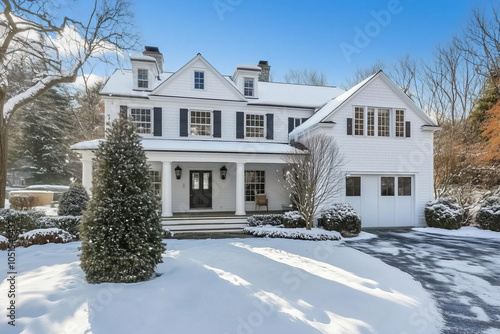 white New England home with a winter tree in front, real estate, snowy