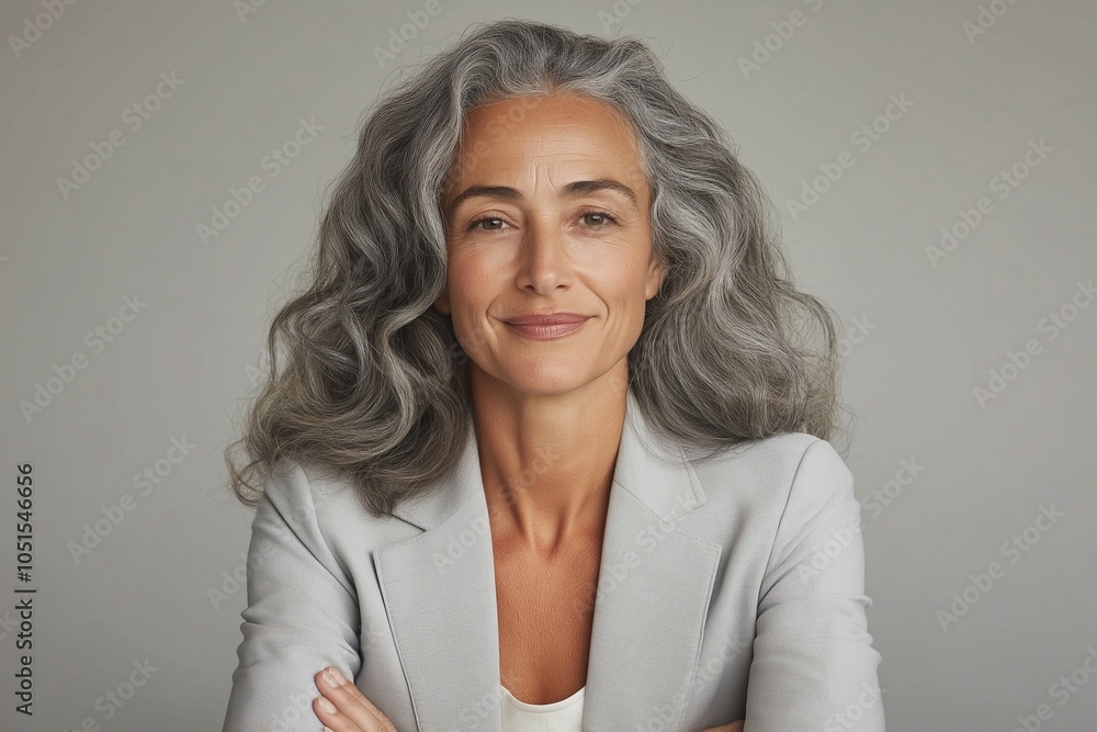 Obraz premium Successful female CEO with silver hair confidently posing for a portrait in a professional setting to showcase leadership and achievement in the corporate world
