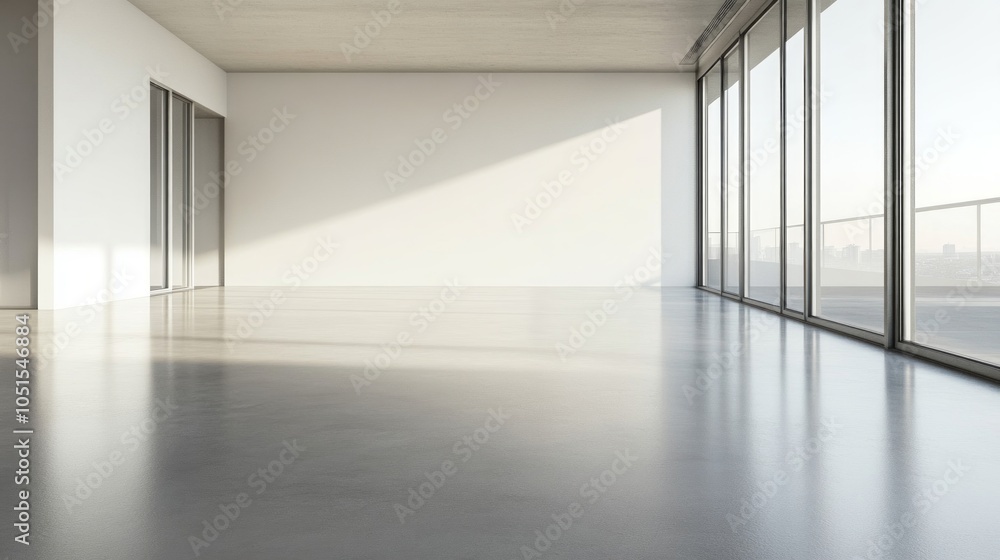 A minimalist apartment with smooth concrete floors, faintly decorated with linear patterns. Space on the left for text or captions. A minimalist apartment with smooth concrete floors, faintly decorated with linear patterns. Space on the left for text or captions.