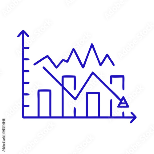 Stock market icon featuring a graph with fluctuating lines and bars, blue outline, modern design