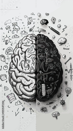 Left right human brain concept. Creative part and logic part with social and business doodle