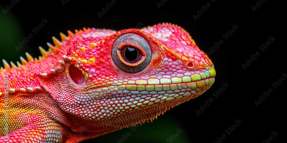 Obraz premium Vibrant and colorful close-up of a chameleon on a dark background.
