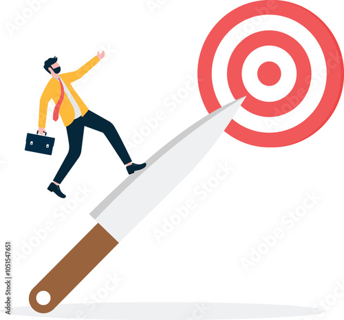 Adventure and risk concept, businessman running on the tip of a knife and reach the target

