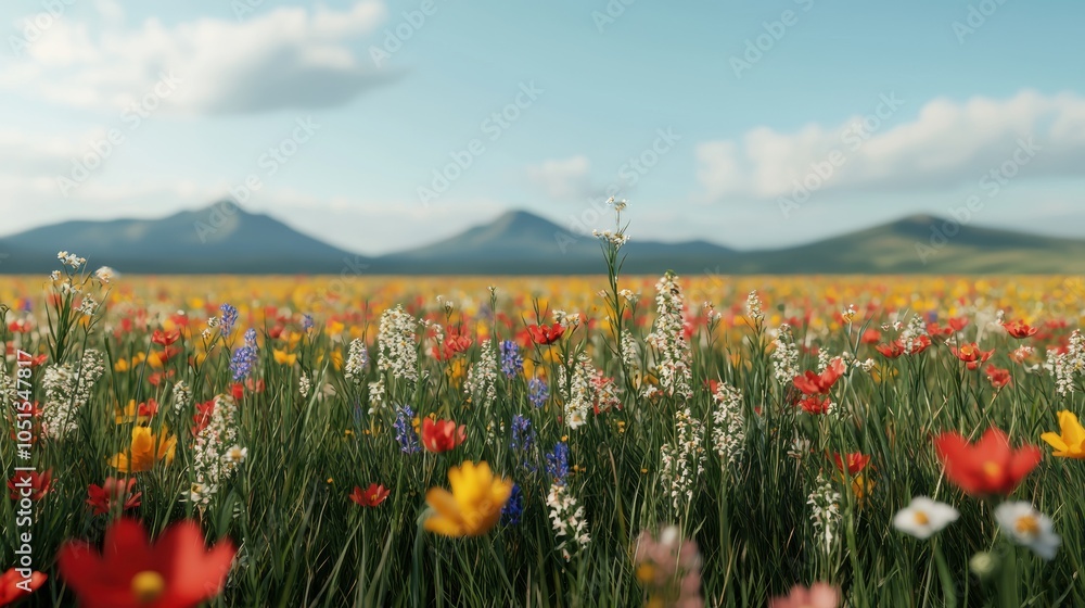 Obraz premium Vibrant wildflower meadow with colorful blooms and distant mountains under a clear blue sky.