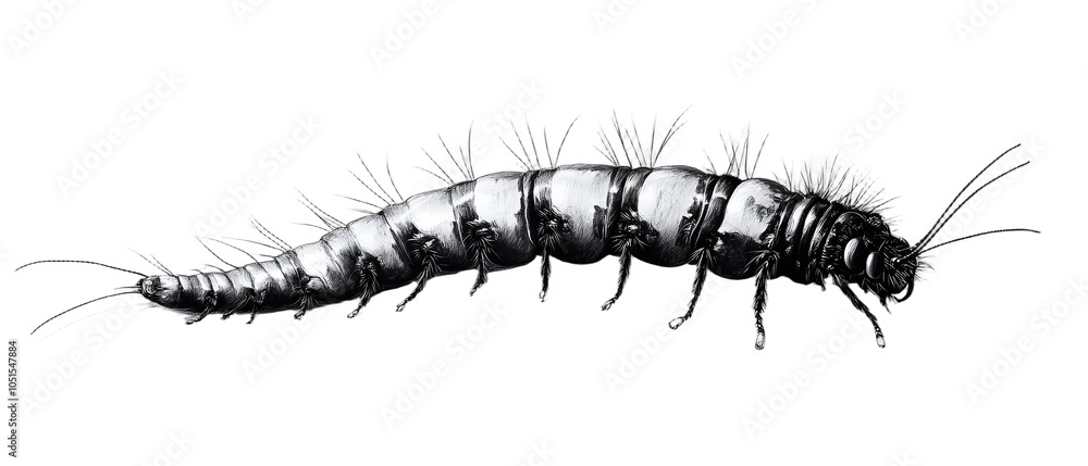 Fototapeta premium A black-and-white drawing of a caterpillar against a pristine white backdrop, with its shadow delicately sketched beneath