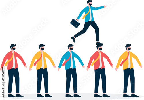 Businessman stepping forward on top of a group of colleagues

