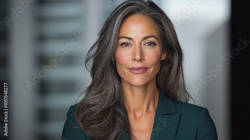Free Download A confident woman CEO stands poised in a modern office environment, showcasing her leadership and success among executives in a bustling metropolitan setting - GFXLoad