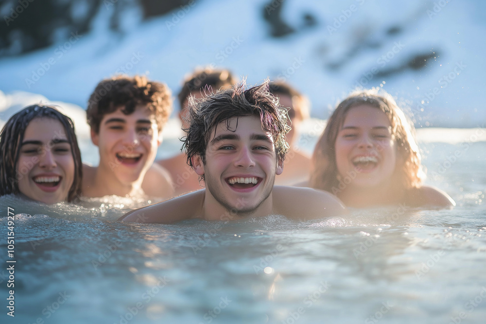 group of friends cold plunging in a frozen lake group of friends cold plunging in a frozen lake