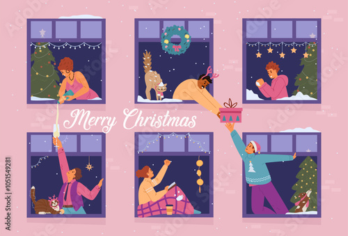 Merry Christmas greeting banner with people in windows celebrating flat vector illustrations. House front with neighbors in windows communicating.